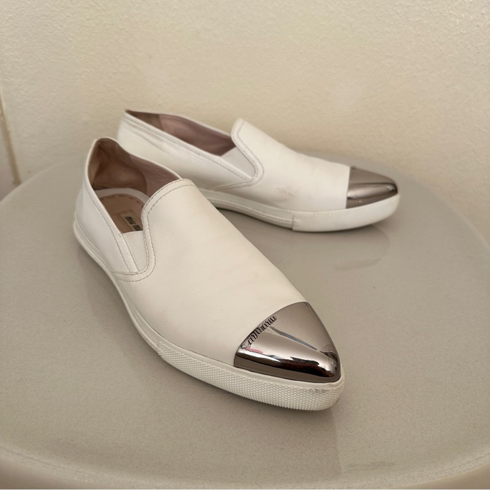 Miu Miu Metal Cap Toe Skate Shoe, white leather (Nappa Bianco) size 37.